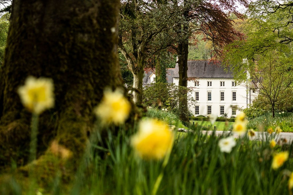 Luxurious country house hotel with stone facade, manicured gardens, and elegant exterior set against lush green Welsh countryside landscape