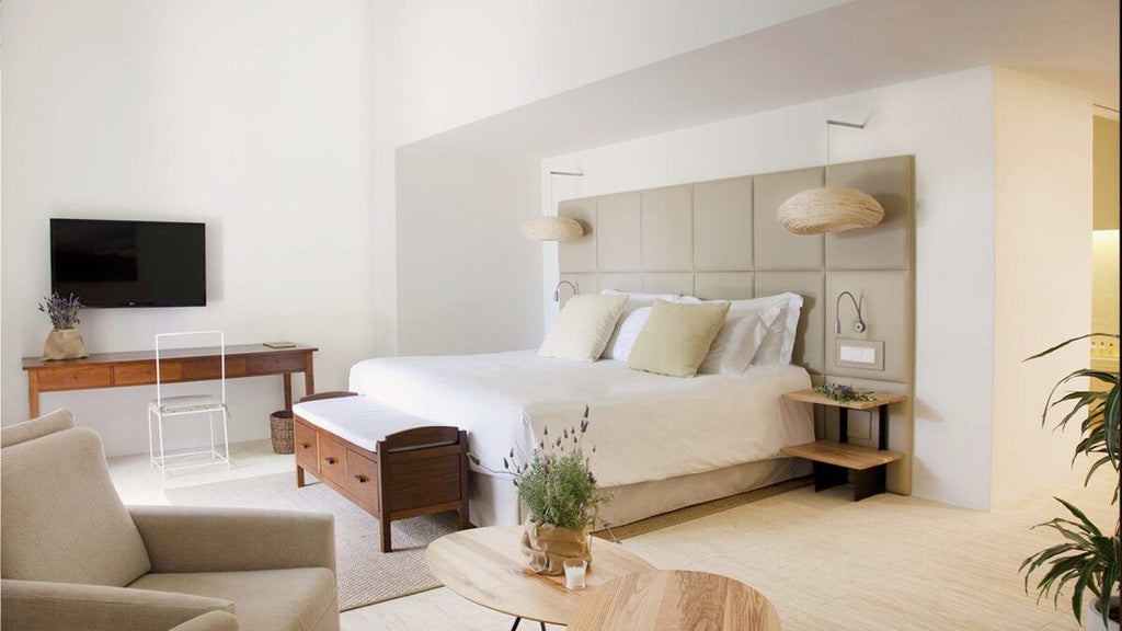 Minimalist white hotel room with panoramic sea view, elegant four-poster bed, natural stone walls, and soft Mediterranean sunlight streaming through large windows.