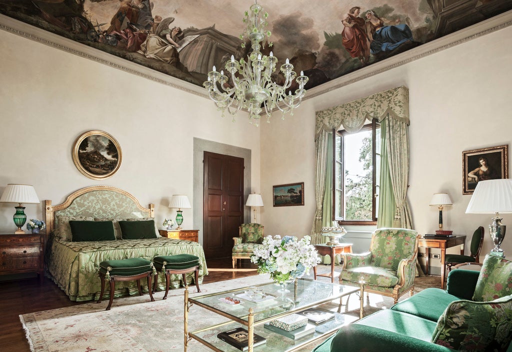 Historic Florentine palace with manicured Renaissance gardens, ornate facade, marble statues, and grand arched windows overlooking peaceful courtyard