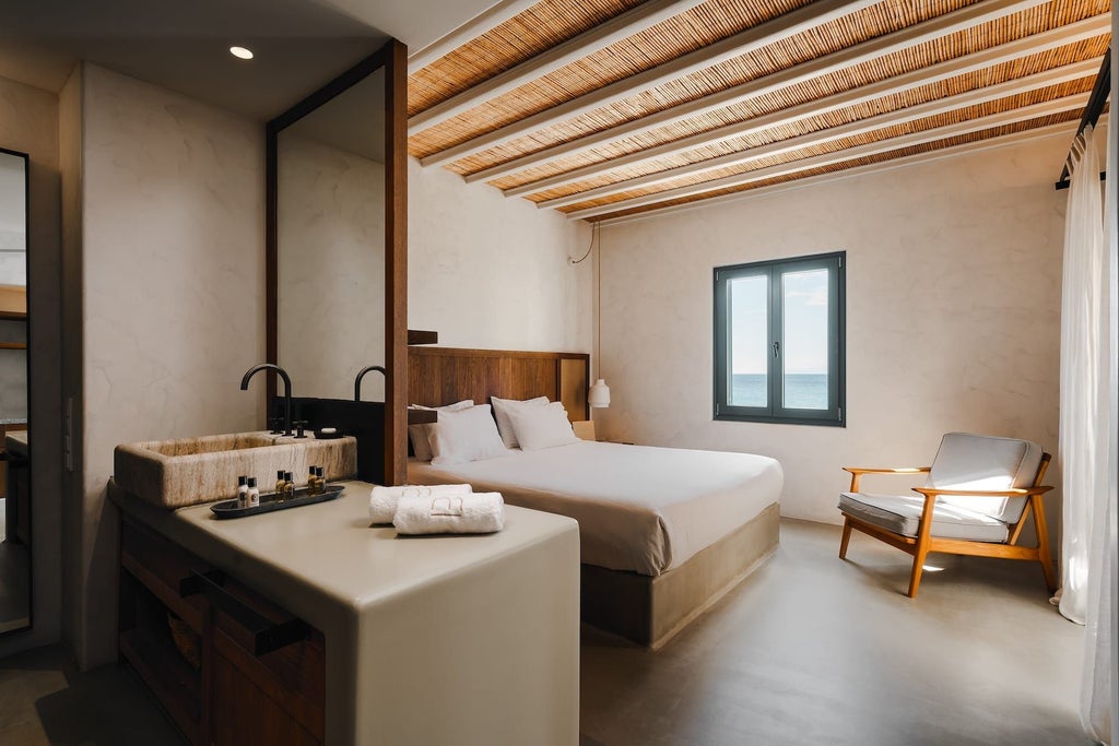 Luxurious white-themed deluxe hotel room with private jacuzzi, panoramic Aegean Sea view, modern minimalist design, and elegant coastal decor in Mykonos, Greece