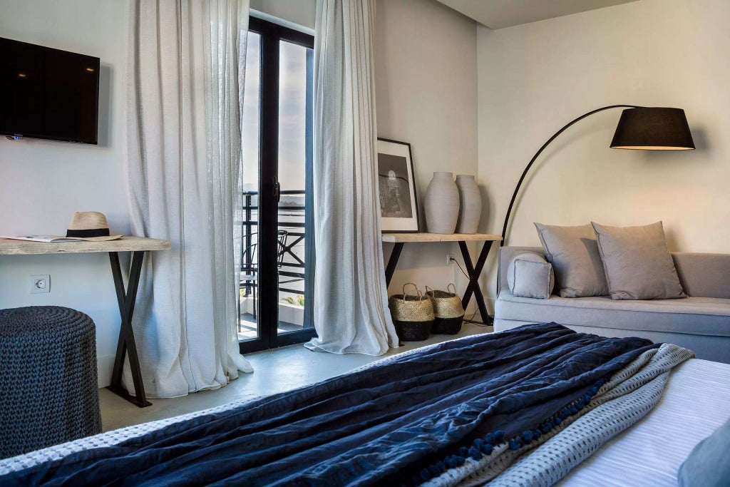 Luxurious grand suite with panoramic Aegean Sea view, elegant white-and-blue decor, plush king bed, and expansive private balcony overlooking scenic Greek coastline