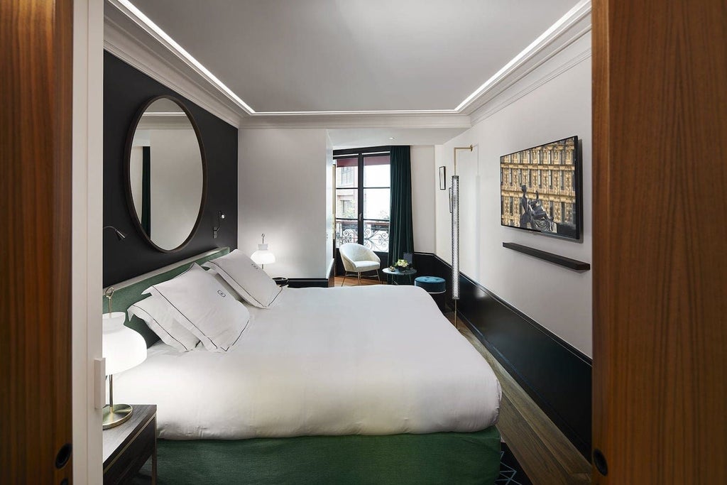 Elegant Parisian hotel room with plush white bedding, soft neutral tones, designer wooden furniture, and refined minimalist decor at Le Roch Hôtel & Spa