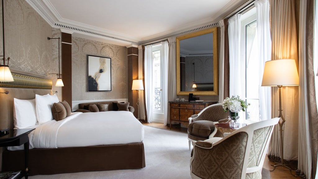 Elegant Duc de Morny Suite at La Réserve Paris, showcasing opulent parisian decor with rich textiles, antique furnishings, and expansive city view windows