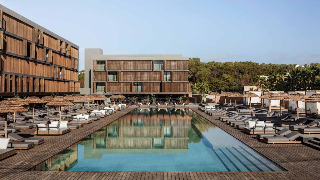 Sleek Mediterranean hotel exterior with whitewashed walls, natural wood accents, and modern balconies overlooking a tranquil infinity pool