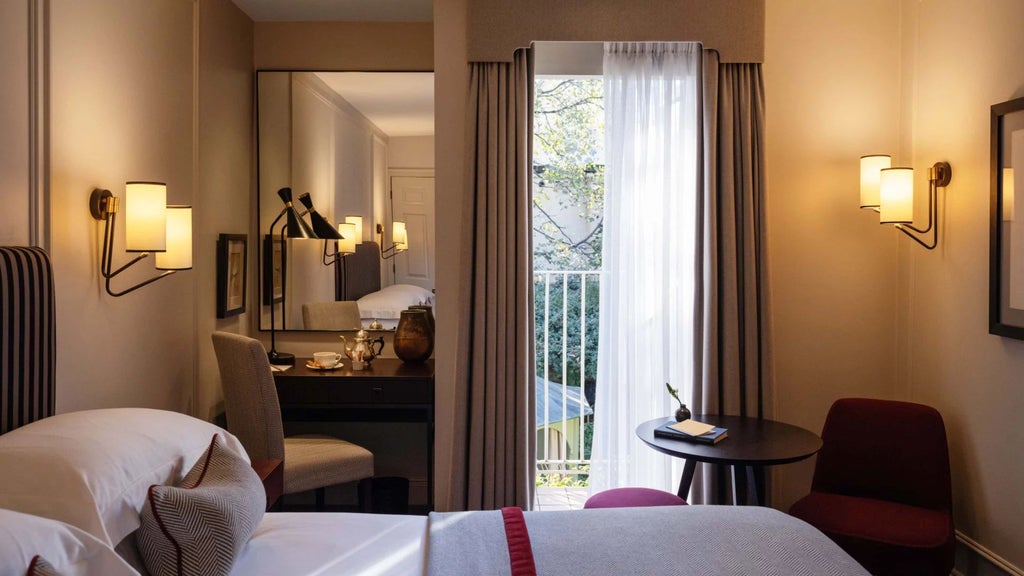 Elegant deluxe hotel room at Old Parsonage with crisp white linens, wooden furniture, and sophisticated neutral color palette in a historic UK setting