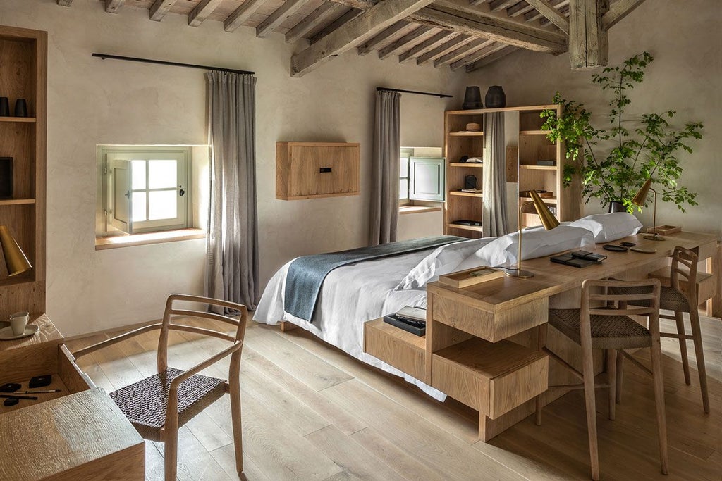 Elegant superior hotel room at Badia di Pomaio, featuring plush white bedding, rustic wooden floors, and panoramic Tuscan countryside views through large windows.