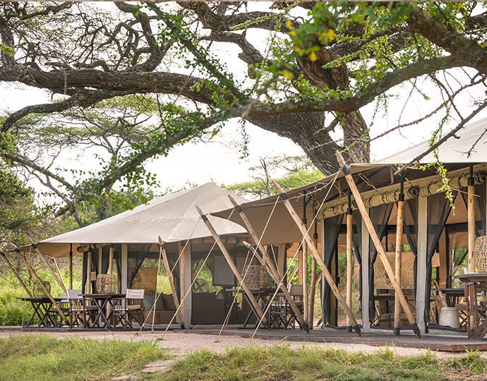 Luxury safari tent at Mila Camp overlooking Tanzania savanna, with canvas walls, private deck and panoramic wilderness views