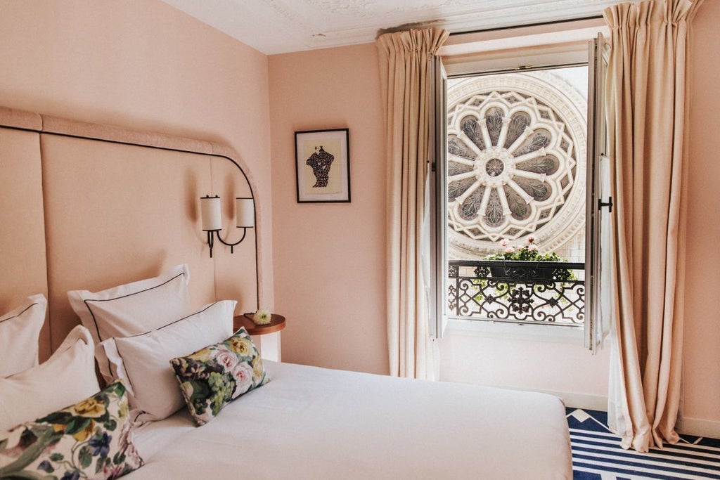 Elegant Parisian boutique hotel facade with soft pastel pink exterior, ornate wrought-iron balconies, and classic French architectural details at dusk