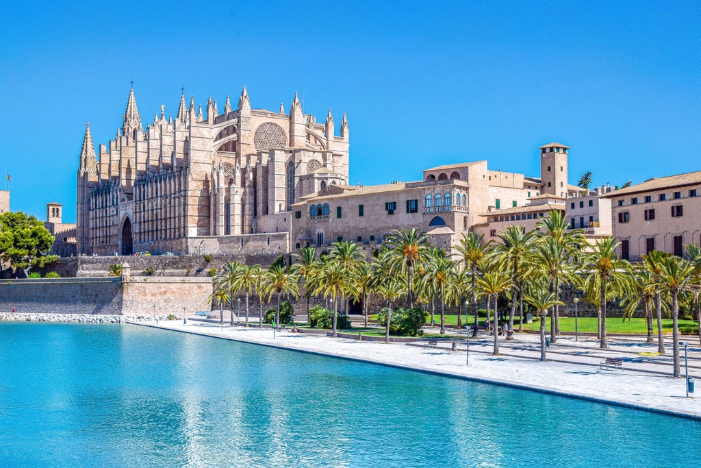 Palm-lined avenue leading to Palma Cathedral at sunset, with golden light illuminating Gothic architecture against Mediterranean coastline