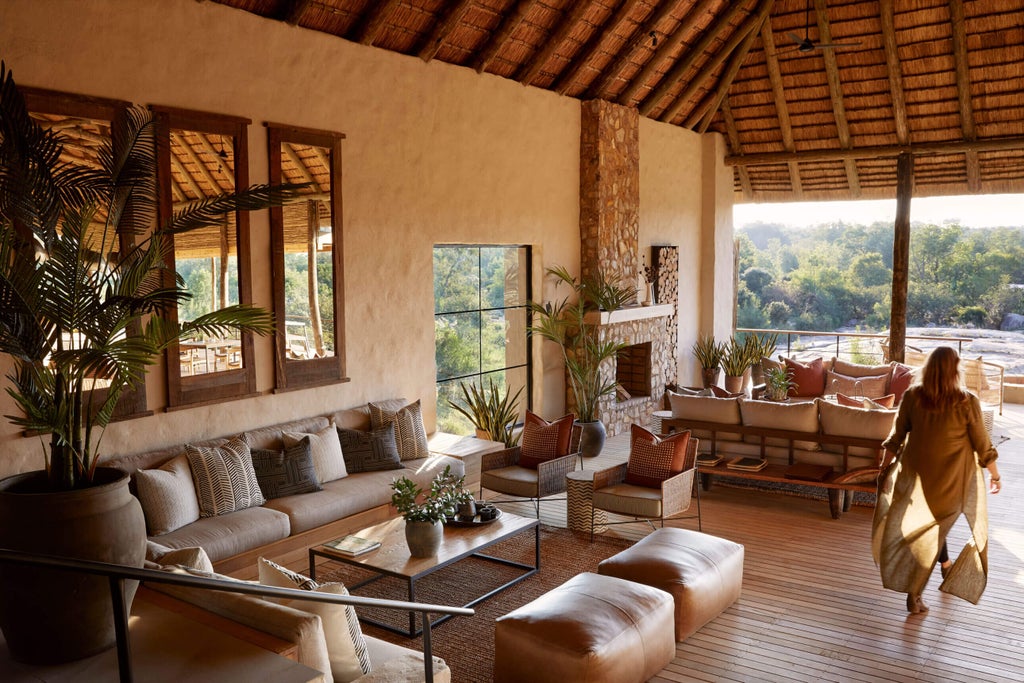 Elegant safari lodge suite with private wooden deck overlooking African bushveld, featuring plush outdoor lounge chairs and natural decor