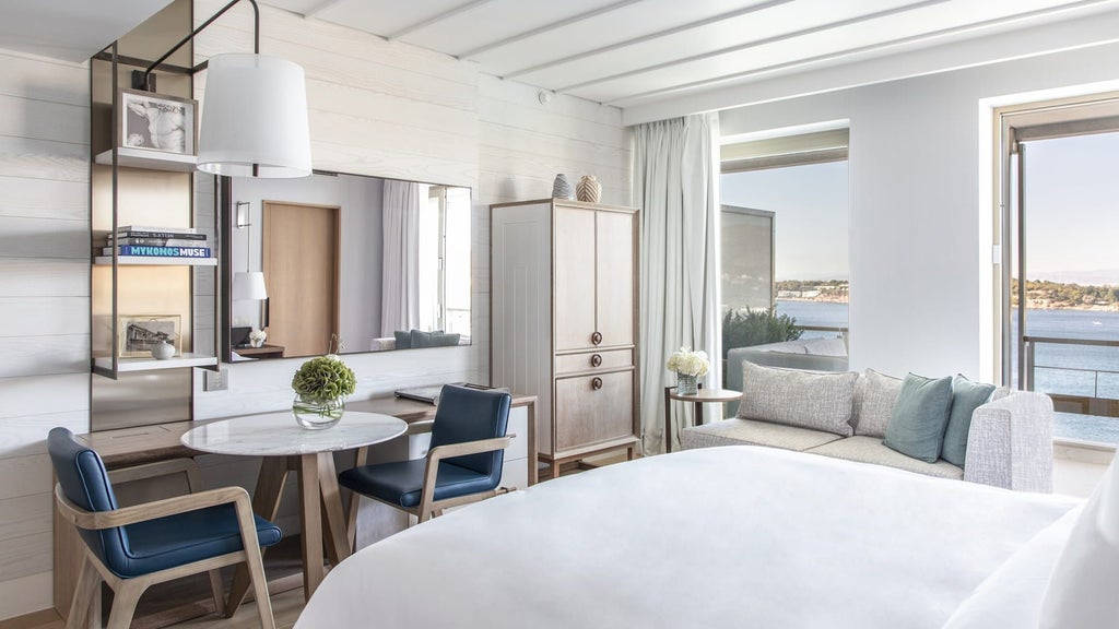 Modern luxury hotel room with panoramic Mediterranean Sea views, elegant furnishings, king bed, and private balcony at Four Seasons Athens