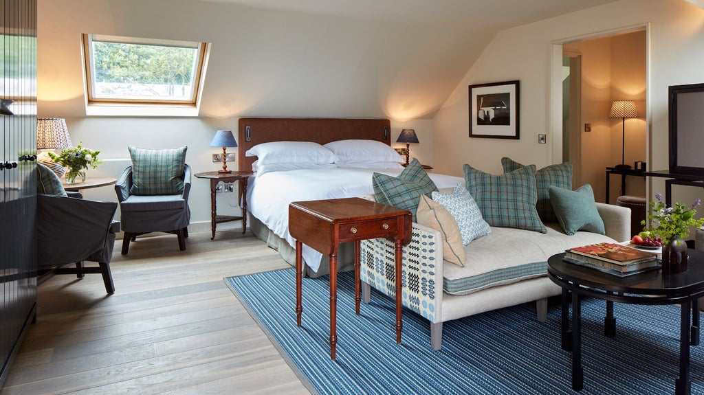 Elegant cream-colored boutique hotel room with plush bedding, soft neutral tones, rustic wooden furniture, and subtle countryside charm at Grove of Narberth