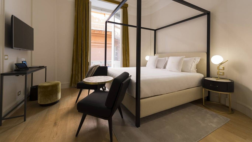 Luxurious deluxe hotel room with modern Italian design, plush white bedding, elegant spa-like bathroom, and soft ambient lighting in a boutique Rome setting