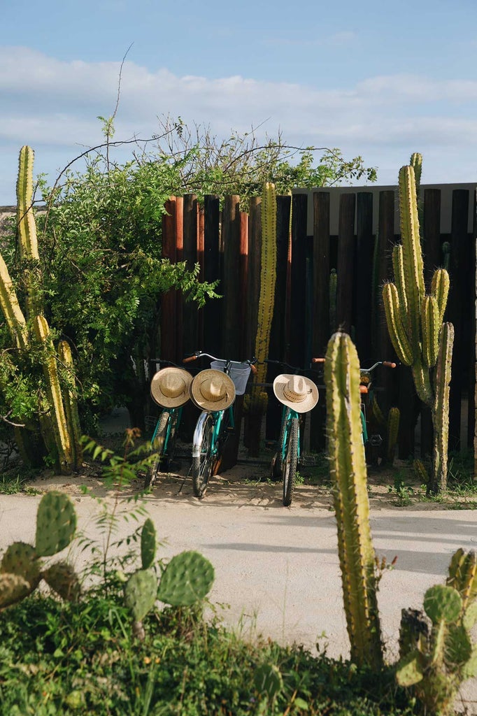 Luxurious beachfront boutique hotel with minimalist architecture, white-washed walls, and rustic wooden details set against the dramatic Mexican coastline