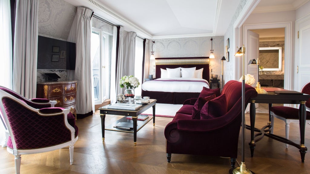 Elegant Parisian luxury suite with plush cream furnishings, soft natural light, contemporary design, and panoramic city views through large windows