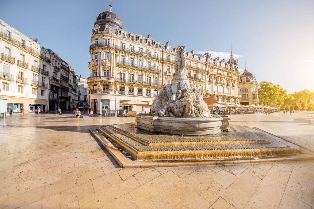 Historic French plaza in Montpellier featuring ornate classical architecture, grand fountain centerpiece and elegant stone buildings