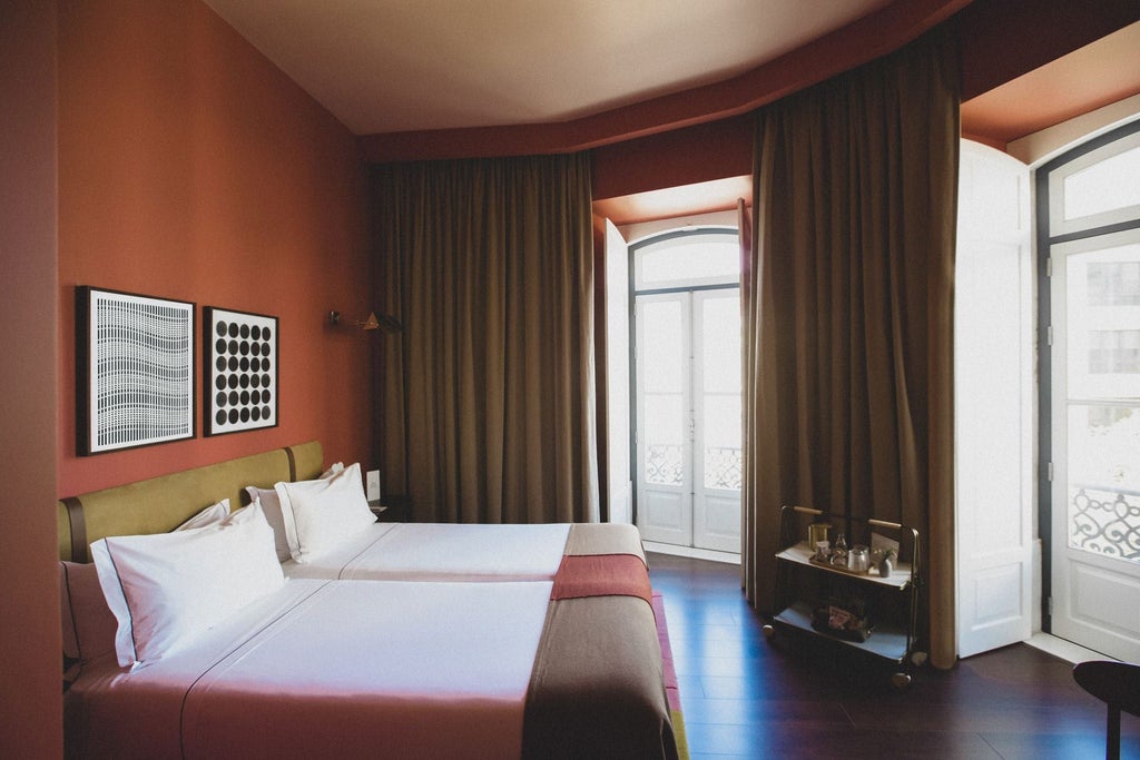 Elegant vintage-inspired hotel room with plush white bedding, warm wood furnishings, and soft ambient lighting in a luxurious Portuguese boutique hotel