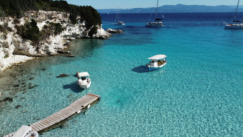 Luxury yacht cruising crystal-clear Ionian waters between lush Paxos and Antipaxos islands, framed by verdant coastline and azure Mediterranean horizon