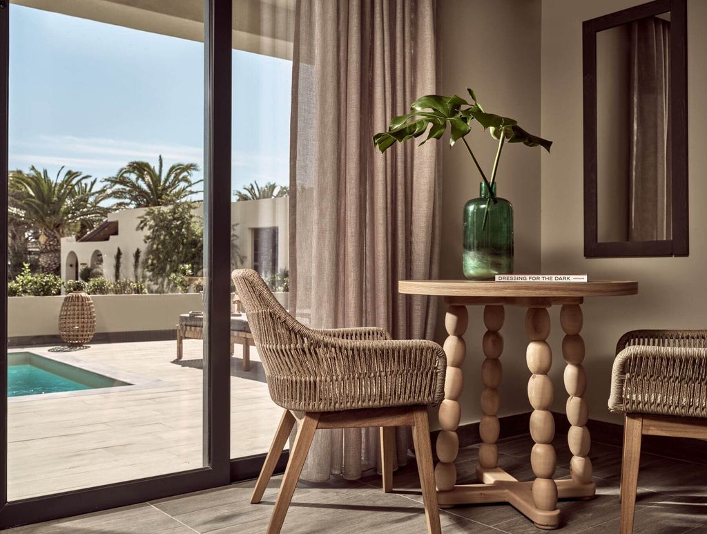 Luxurious king suite with private pool overlooking azure Cretan waters, featuring contemporary design and elegant evergreen-inspired interiors at beachfront resort