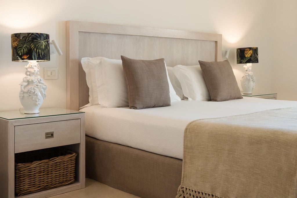 Luxurious white-themed superior hotel room with elegant modern furniture, soft natural light, and pristine Mediterranean coastal ambiance in Italy