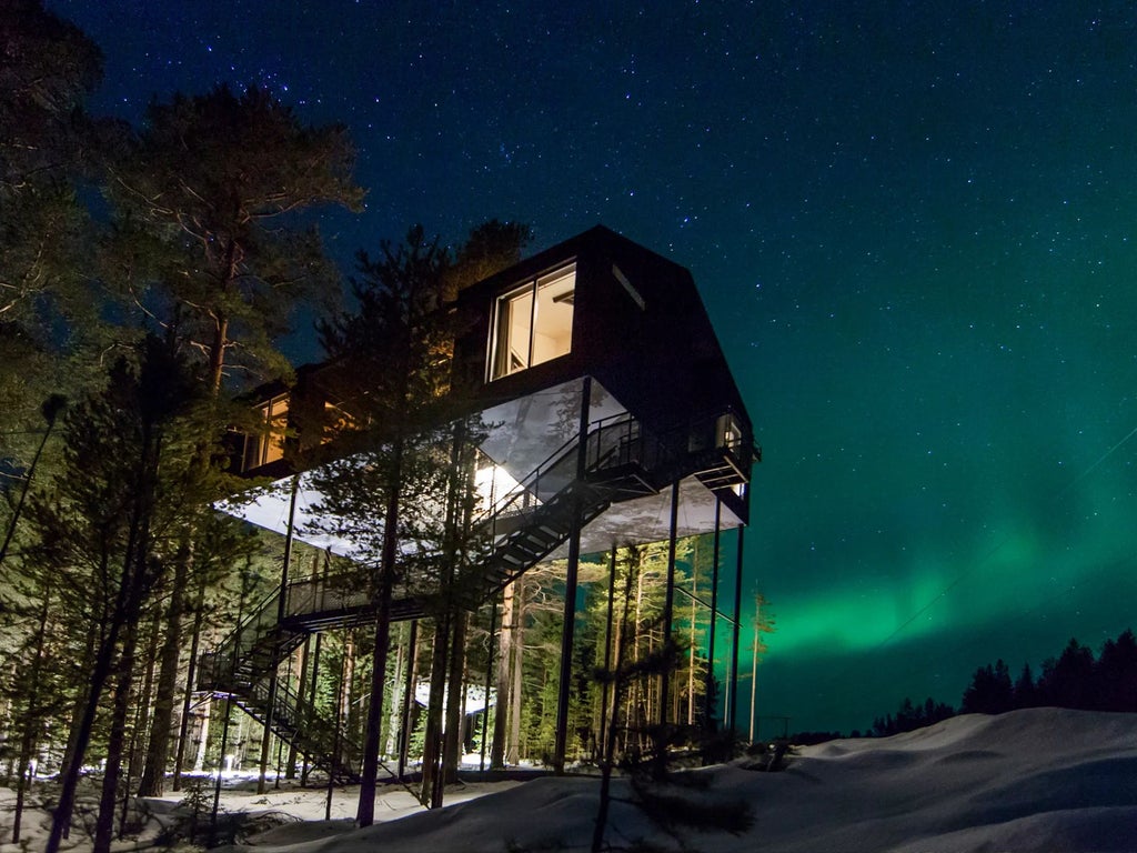 Mirrored glass treehouse suspended in boreal forest, reflecting surrounding pine trees amid minimalist Swedish wilderness landscape design