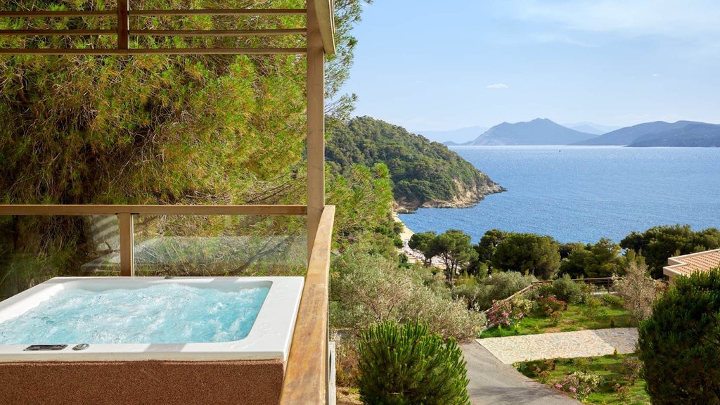 Luxurious junior suite with private hot tub overlooking azure Aegean Sea, featuring modern Greek design and elegant white minimalist interior at ELIVI resort