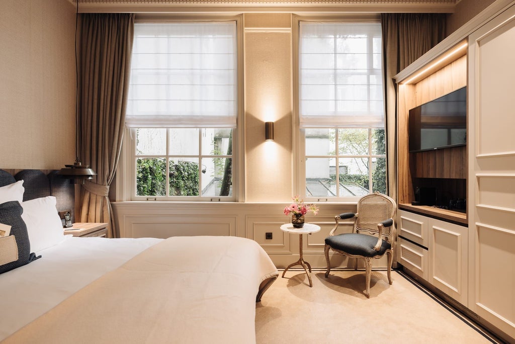 Elegant merchant-style hotel room with warm wood furnishings, rich burgundy accents, plush bedding, and sophisticated contemporary Netherlands design