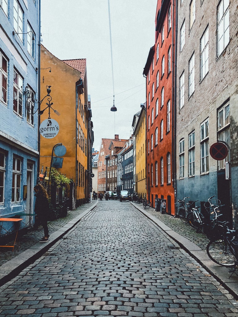 Scenic cobblestone street in Copenhagen's historic center with colorful Danish buildings, elegant architecture, and vibrant urban atmosphere at golden hour