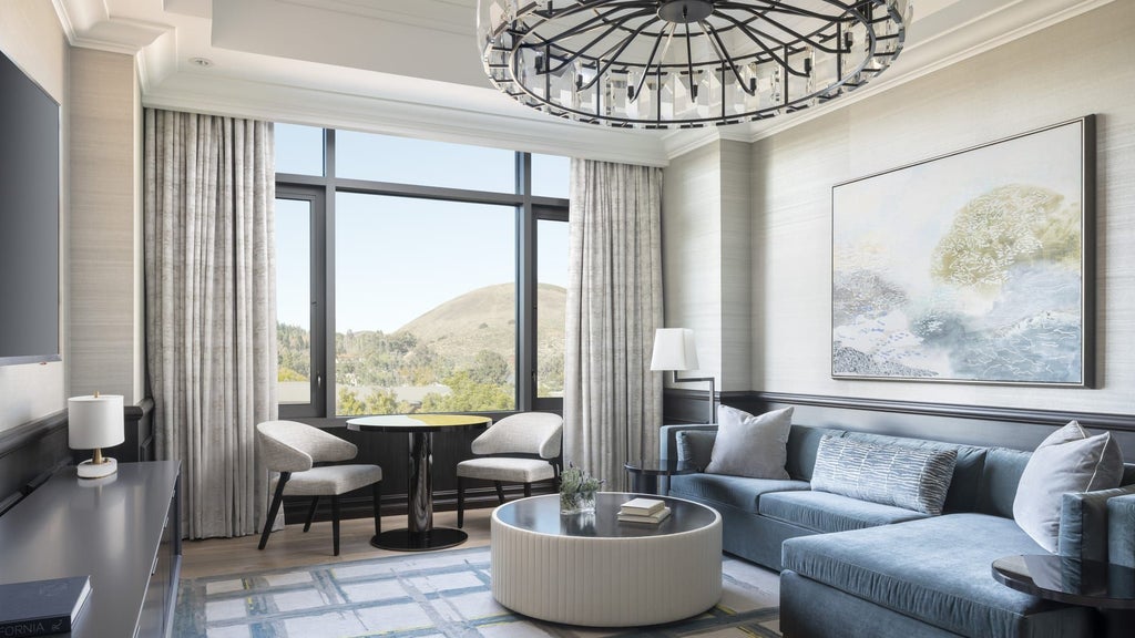 Spacious Four Seasons Presidential Suite with panoramic views, elegant king bed, modern decor, and expansive marble bathroom in soft neutral tones