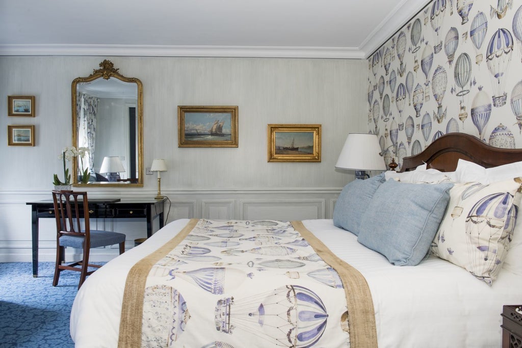 Opulent French hotel room with crystal chandelier, antique furniture, high ceiling with crown molding, and floor-to-ceiling windows