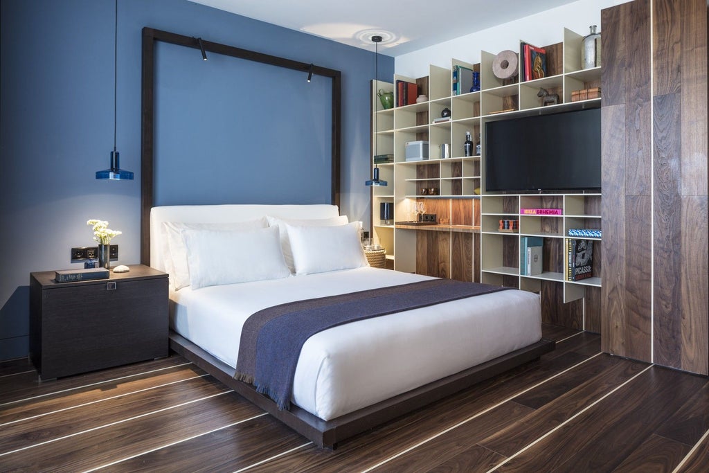 Minimalist white and wood luxury hotel room with sleek design, elegant bed, and modern Barcelona-style decor at Sir Joan boutique hotel