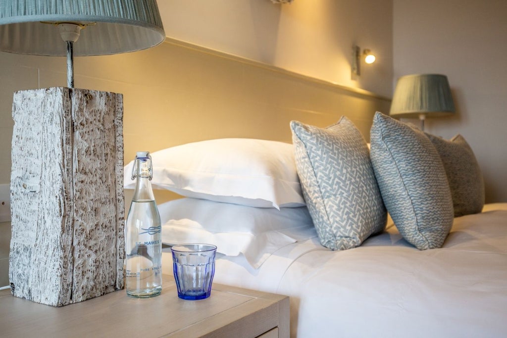 Elegant coastal hotel room with crisp white linens, nautical blue accents, and panoramic sea view overlooking the picturesque scenset of St Mawes harbor