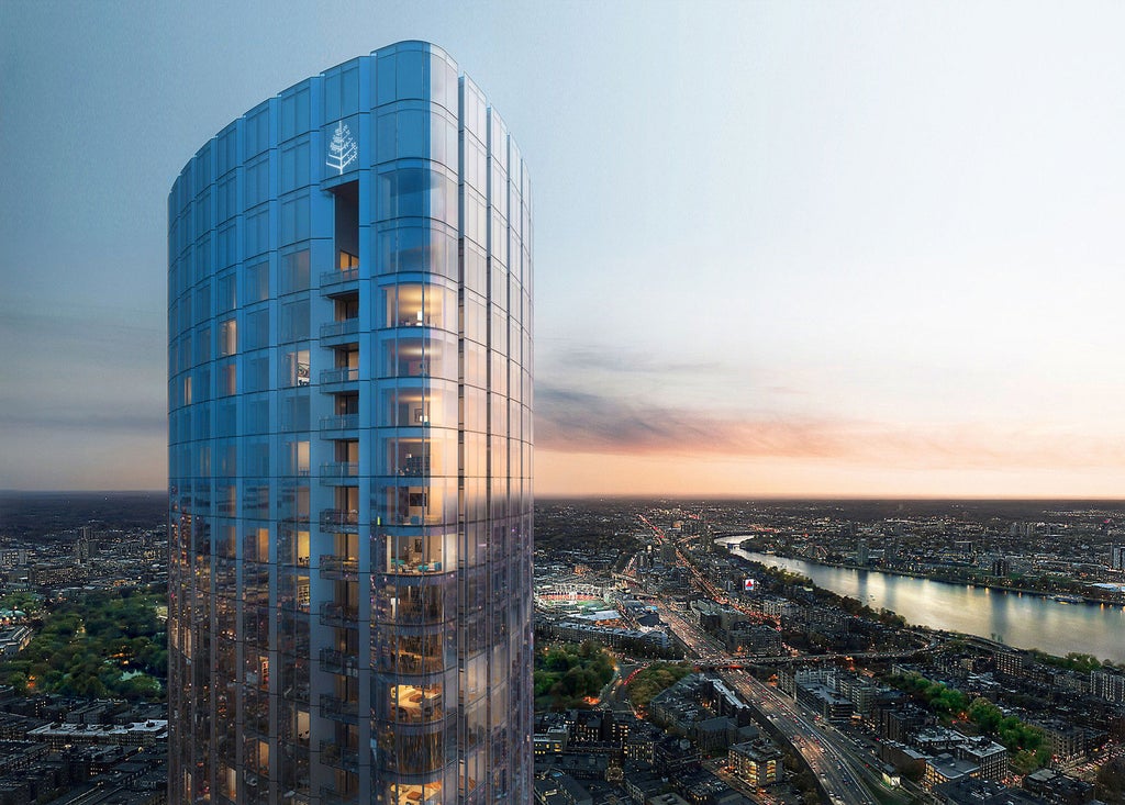 Contemporary luxury skyscraper hotel with curved glass facade rising into Boston skyline, featuring sleek modern architecture and reflective surfaces