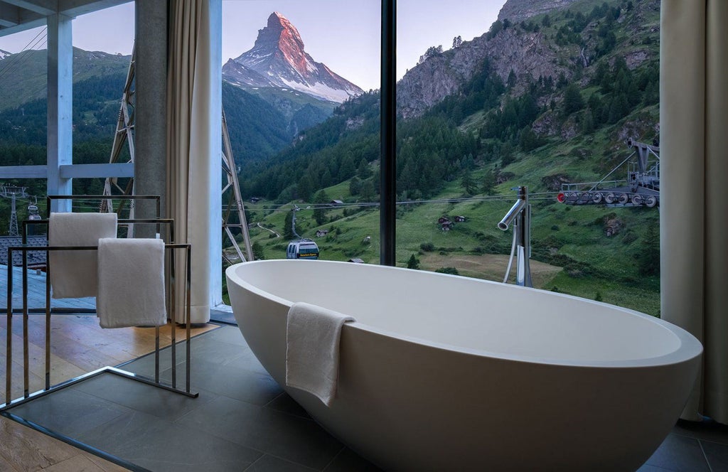 Modern glass and wood luxury hotel with sharp angular architecture nestled in snowy Swiss Alps, Matterhorn peak visible in background