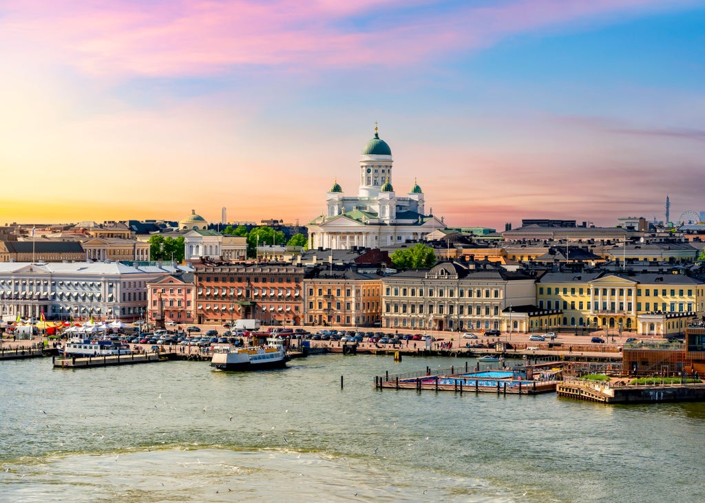 Aerial view of Helsinki Cathedral's white neoclassical dome rising above city skyline, with Baltic Sea and harbor in background