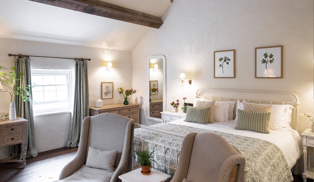 Elegant stone-walled bedroom with plush king bed, soft neutral linens, vintage rustic furniture, and warm ambient lighting in luxurious UK countryside lodge