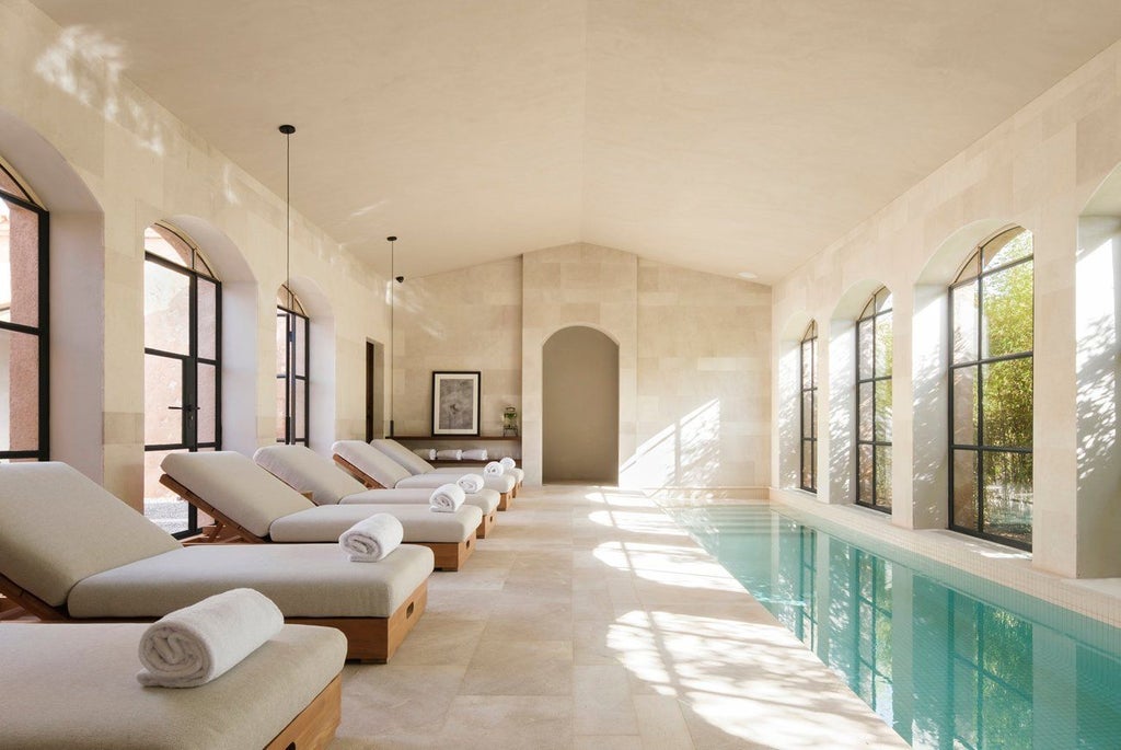 Modern Mediterranean hotel courtyard with rustic stone walls, elegant arched walkways and lush potted plants around a tranquil swimming pool