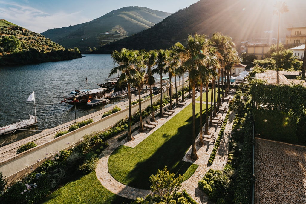 Elegant 5-star hotel overlooking Douro Valley vineyards, featuring stone facade, terraced gardens and panoramic river views at sunset