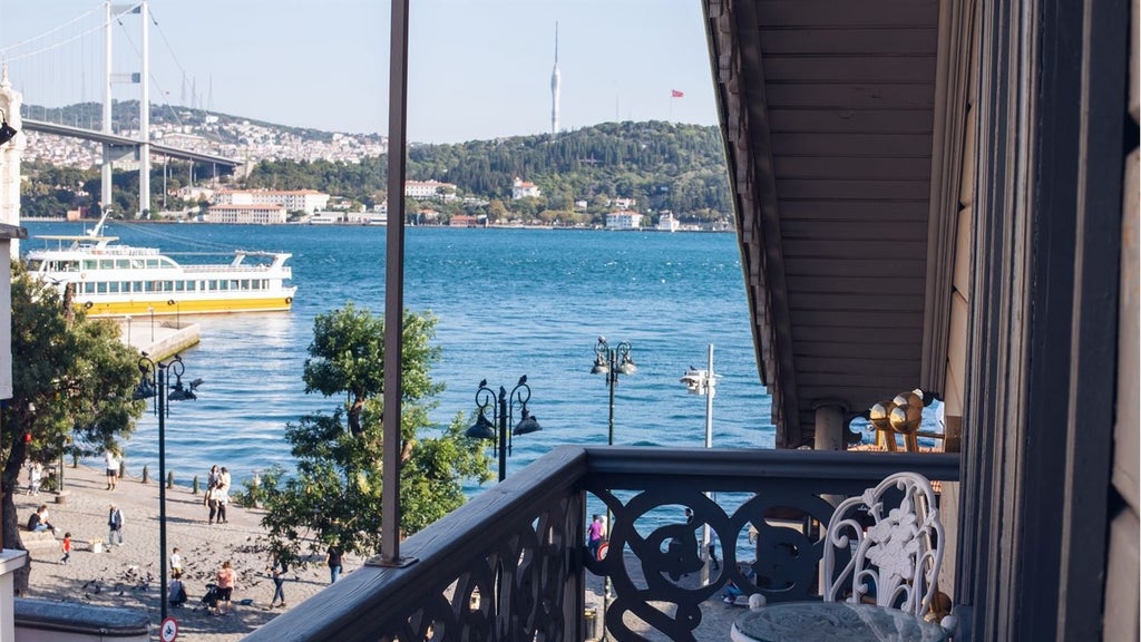 Luxurious Bosphorus-view penthouse suite with modern design, floor-to-ceiling windows, elegant furnishings, and panoramic Istanbul skyline backdrop