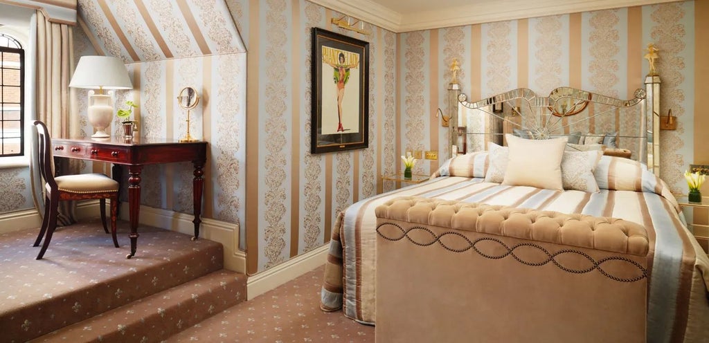 Opulent royal suite with plush cream furnishings, elegant gold accents, and expansive windows overlooking a prestigious London neighborhood in Kensington.