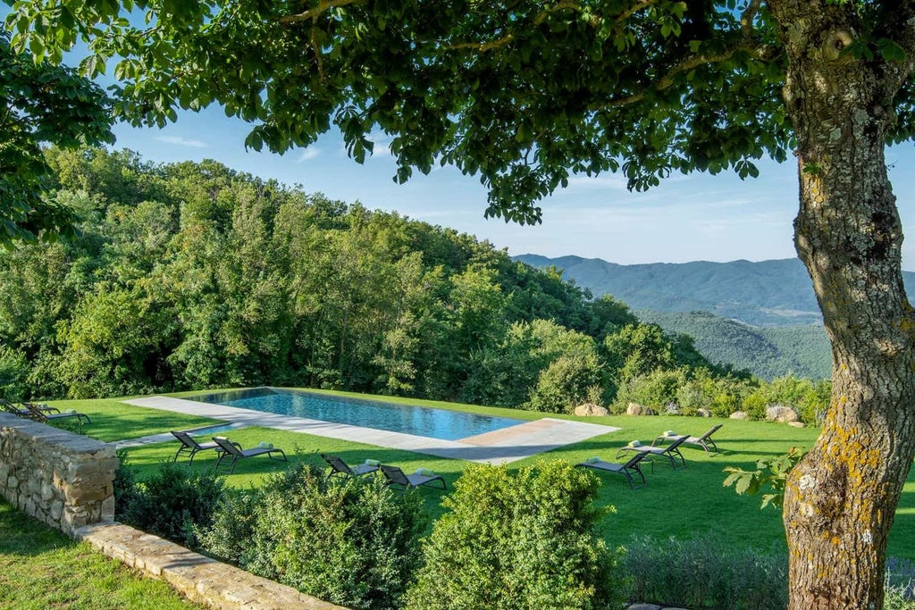 Restored medieval monastery nestled in Tuscan hills, featuring stone walls, arched windows, and lush green landscape with elegant, rustic architectural details