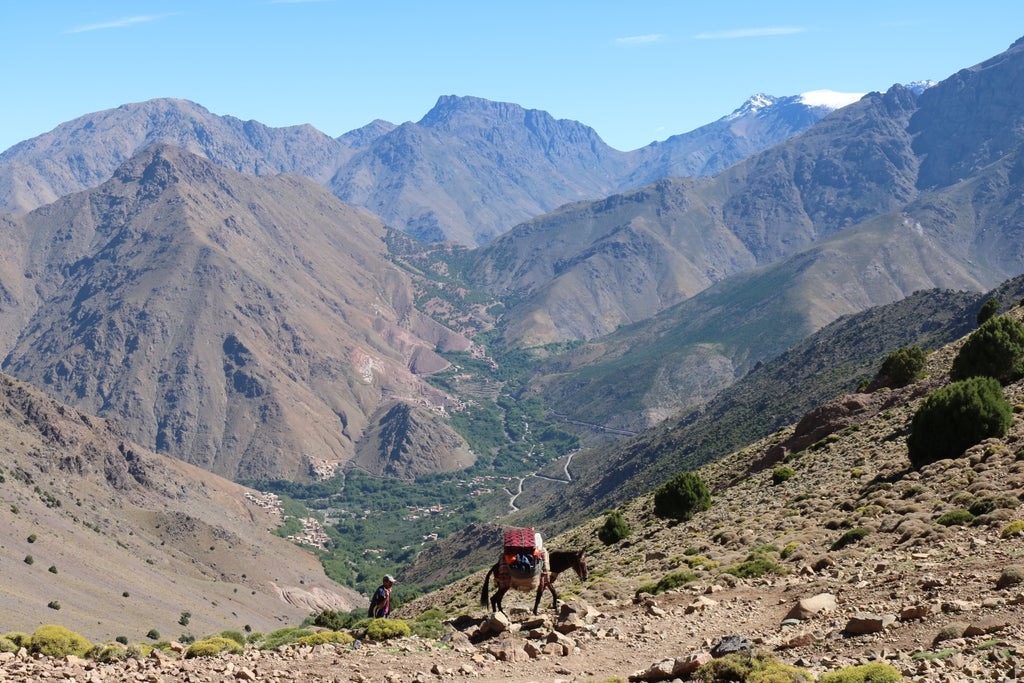 Snow-capped High Atlas mountain peaks rise above traditional Moroccan villages nestled in a lush valley under golden sunset light