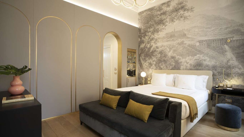 Luxurious junior suite with elegant contemporary design, soft neutral tones, plush king bed, and large windows overlooking historic Rome architecture