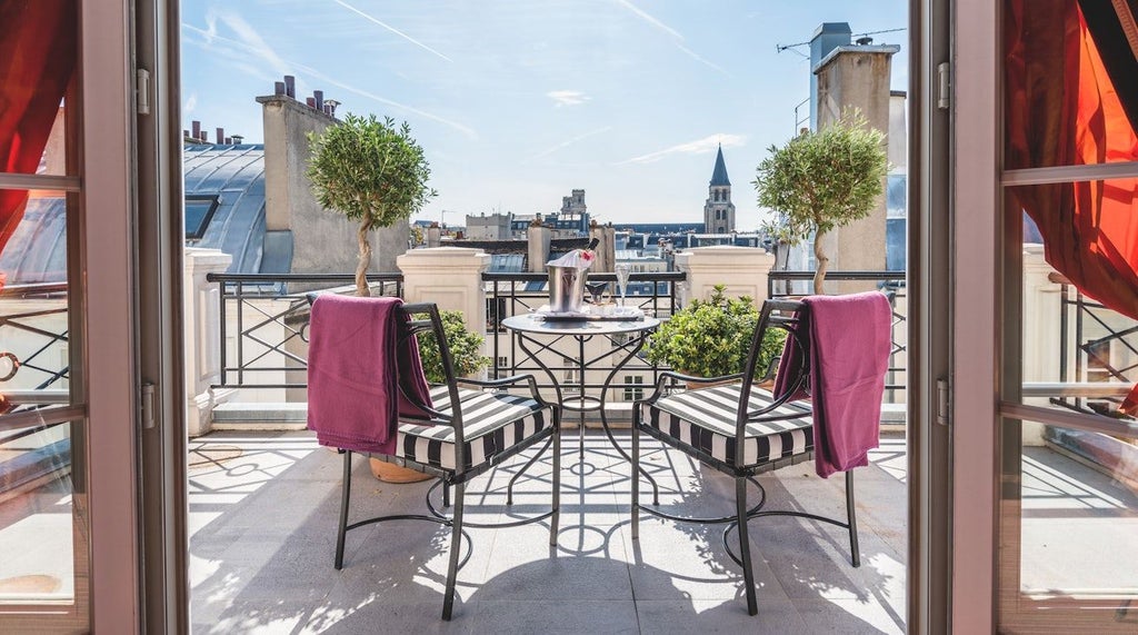 Elegant French hotel room with plush white bedding, soft lighting, modern minimalist decor, and large windows overlooking scenic cityscape