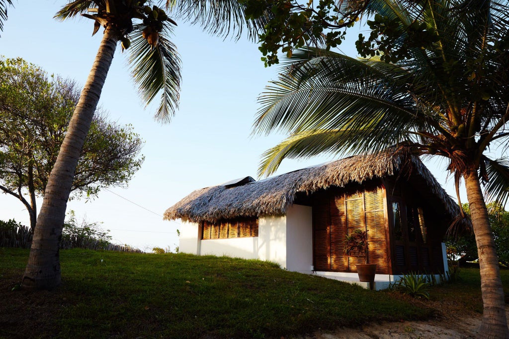 Spacious garden view lodge with elegant wooden furnishings, lush tropical vegetation, and serene Brazilian coastal landscape in warm afternoon light