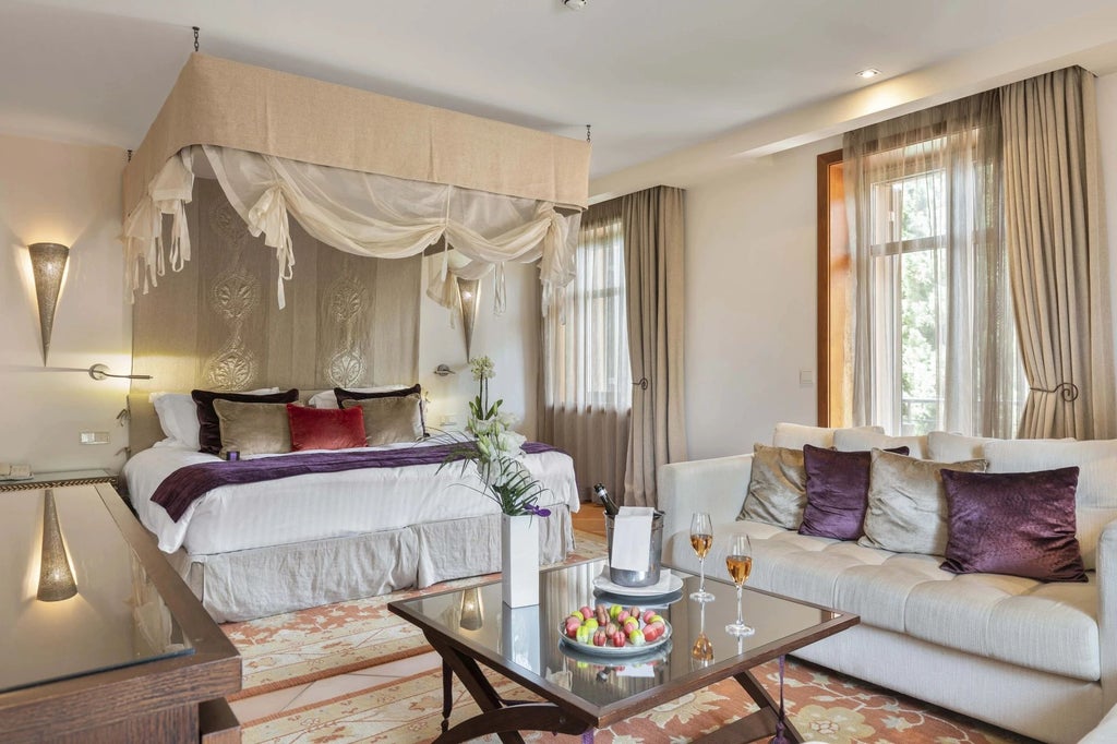 Luxurious junior suite with garden view at Hôtel Tiara Yaktsa, featuring elegant decor, plush bedding, and French Riviera-inspired design elements