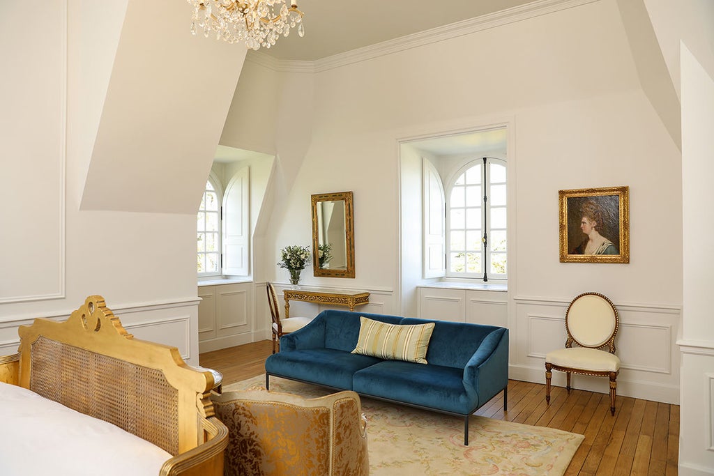 Opulent corner king room in French château featuring panoramic countryside views, ornate period furniture, and soaring ceiling heights