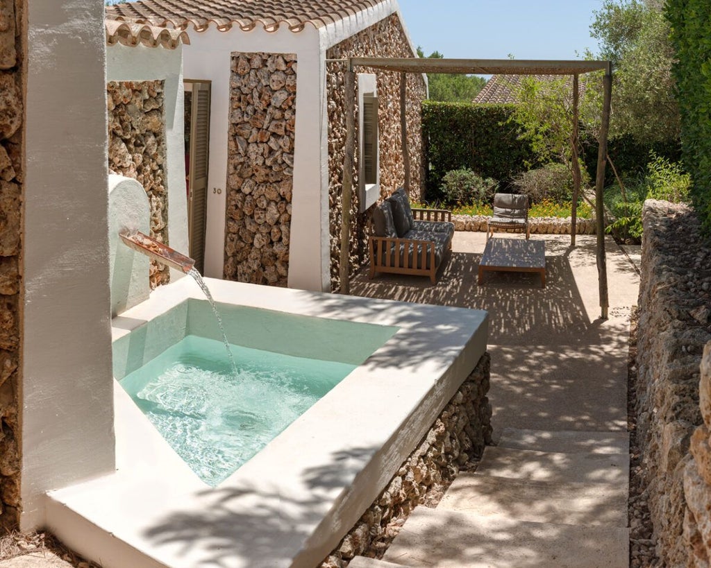 Serene white-walled garden cottage with rustic wooden furnishings, stone floor, and large windows overlooking lush Mediterranean landscape in Menorca, Spain