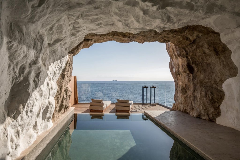 Minimalist luxury hotel suite with infinity pool overlooking the Mediterranean Sea, featuring white architecture and natural stone walls