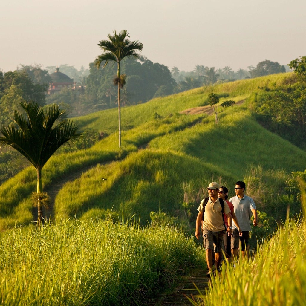 Luxurious COMO Uma Ubud resort nestled in lush Balinese landscape, featuring elegant infinity pool overlooking verdant tropical forest and traditional architecture